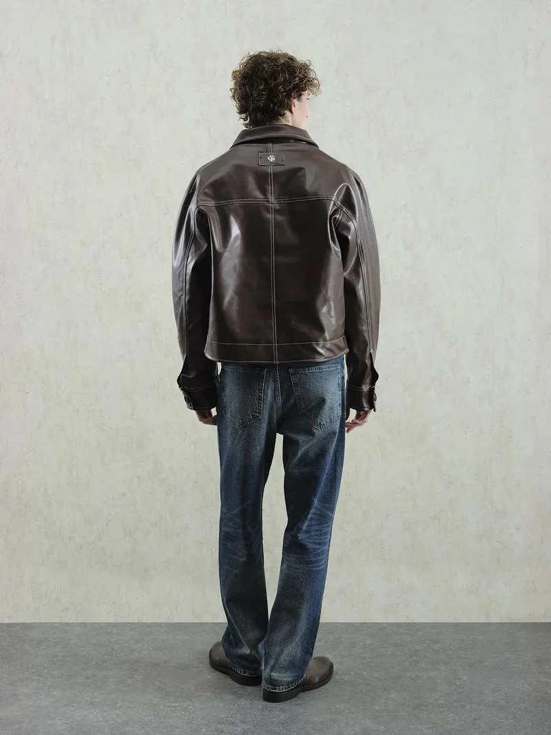 Giesto Mocha Brown GIESTO Faux Leather Relaxed Fit Buttoned Jacket for Men | Best Price UAE